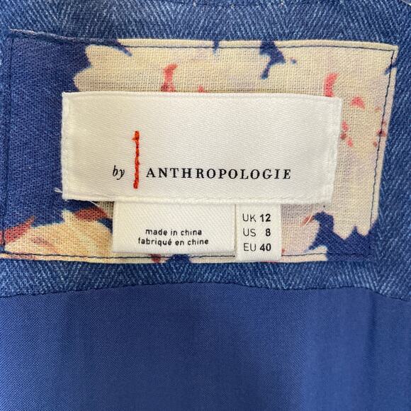 Anthropologie Camellia Collared Dress Blue Floral Button Front Pockets Retro 8 - Picture 4 of 7